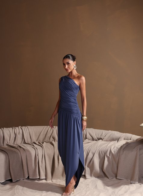 VESTIDO LONGO ASSIMÉTRICO BRUNA - AZUL JEANS