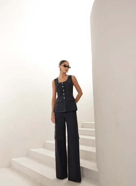 CONJUNTO REGATA E CALÇA MILANO LINHO - AZUL MARINHO