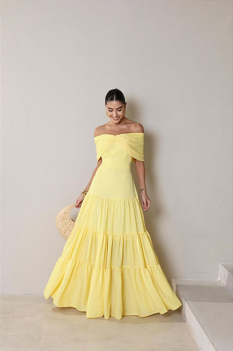VESTIDO HOLANDA CHIFON OMBRO A OMBRO - AMARELO