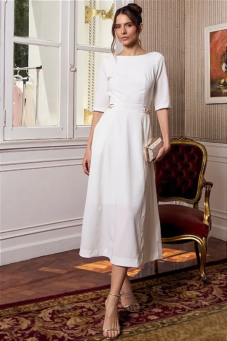 VESTIDO HEBE MIDI MANGA CURTA COM DETALHE METAL - OFF WHITE