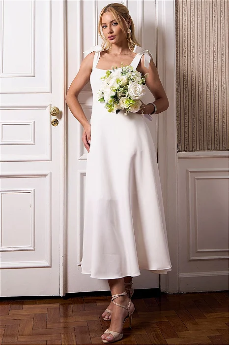 VESTIDO KÁTIA LONGUETE COM ALÇA E LAÇOS - OFF WHITE