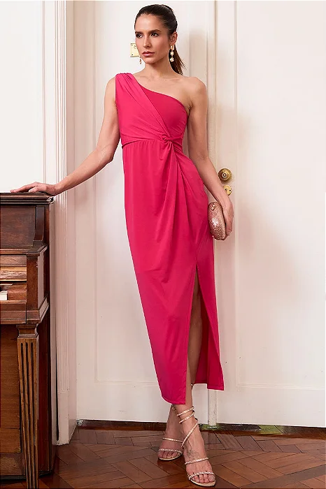 VESTIDO ARIADINE MIDI UM OMBRO COM FENDA - FÚCSIA