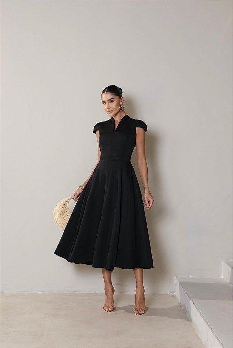 VESTIDO MIDI ADRIANA DETALHE GOLA - PRETO