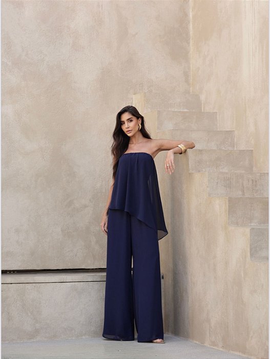 MACACÃO SAMIRA BLUSA ASSIMÉTRICA - AZUL MARINHO