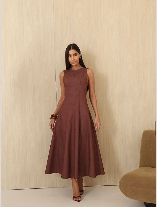 VESTIDO VIVIANE MIDI EVASÊ - MARROM