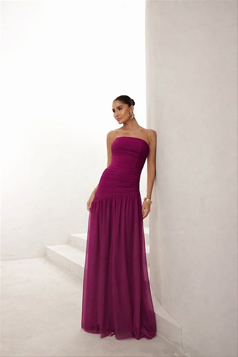 VESTIDO DE FESTA ALICE MICROTULE COM CAPA - FÚCSIA