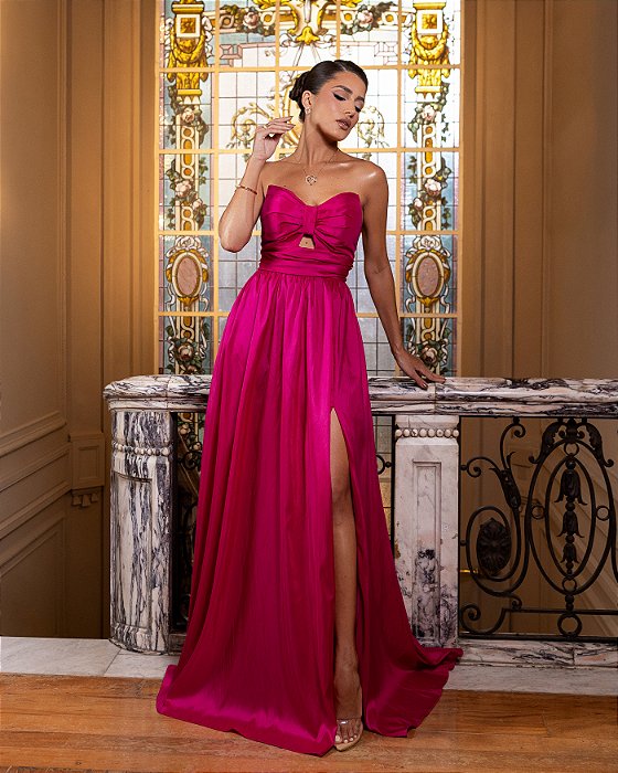 VESTIDO DE FESTA MANUELA T.Q.C TAFETÁ - FÚCSIA