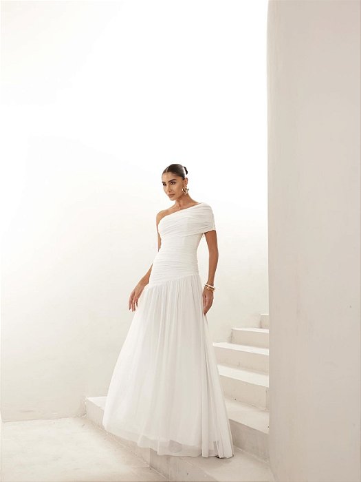 VESTIDO DE FESTA ALICE MICROTULE COM CAPA - OFF WHITE