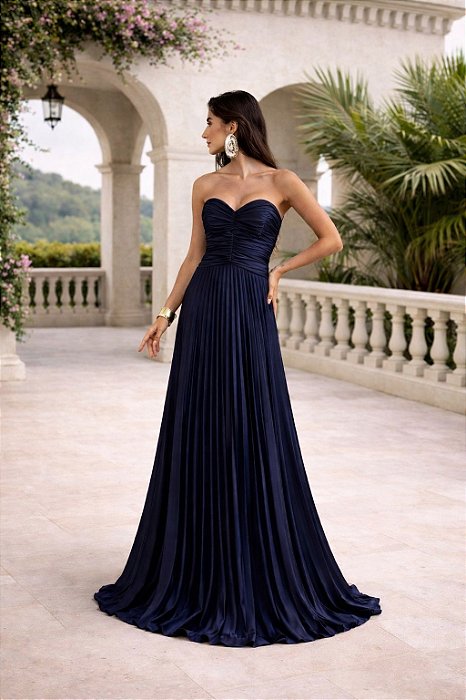 VESTIDO DE FESTA TANGARÁ PLISSADO - AZUL MARINHO