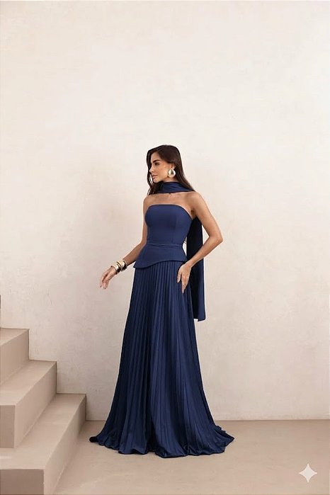 VESTIDO DE FESTA MAITÊ SAIA PLISSADA CHOKER - AZUL MARINHO