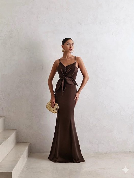 VESTIDO DE FESTA LONGO INGLATERRA FLOWERS - MARROM