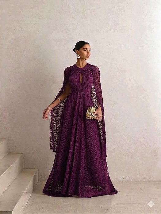 VESTIDO DE FESTA ANGRA RENDA COM CAPA REMOVÍVEL - FÚCSIA