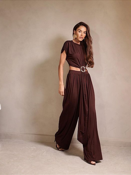 CONJUNTO RENATA CALÇA E BLUSA CROPPED OMBREIRAS - MARROM