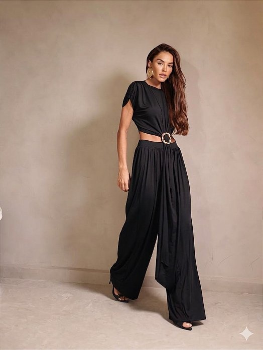 CONJUNTO RENATA CALÇA E BLUSA CROPPED OMBREIRAS - PRETO