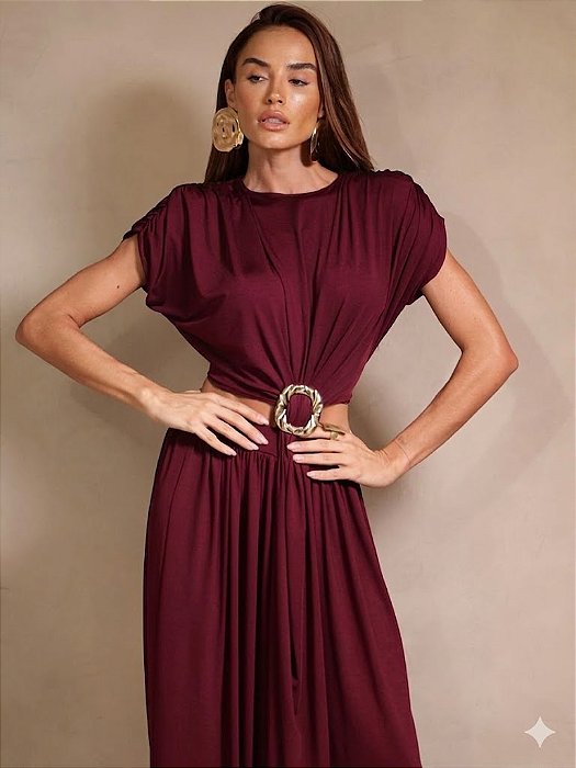 CONJUNTO RENATA CALÇA E BLUSA CROPPED OMBREIRAS - VINHO