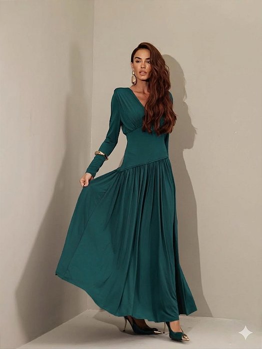 VESTIDO YASMIN JERSEY MANGA LONGA - VERDE PETROLEO