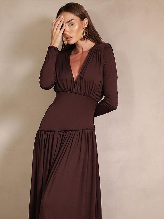 VESTIDO YASMIN JERSEY MANGA LONGA - MARROM