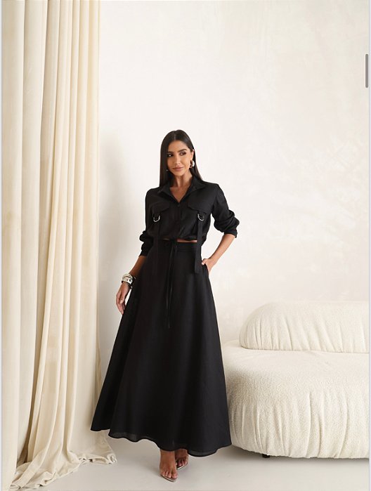 CONJUNTO GABY CAMISA E SAIA 100% LINHO - PRETO