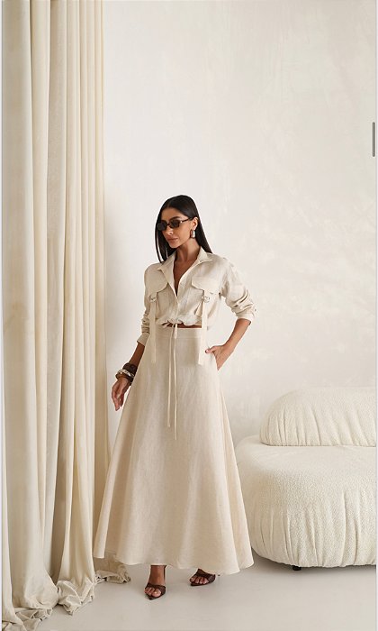 CONJUNTO GABY CAMISA E SAIA 100% LINHO - NATURAL