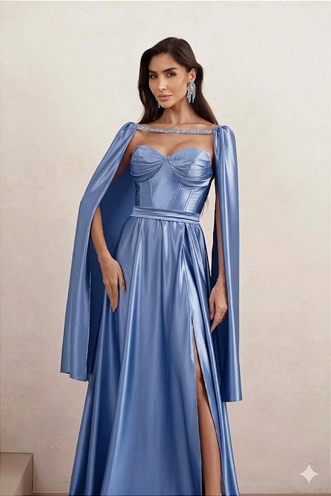 VESTIDO DE FESTA GLAMOUR COM CAPA CREPE ACETINADO - AZUL SERENITY