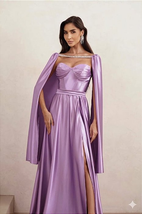 VESTIDO DE FESTA GLAMOUR COM CAPA CREPE ACETINADO - LILÁS