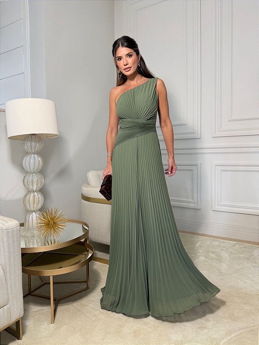 VESTIDO DE FESTA ALICIA UM OMBRO PLISSADO - VERDE OLIVA