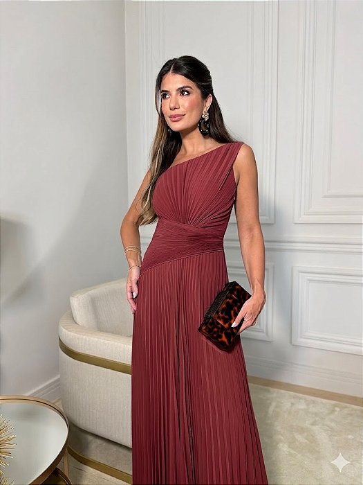 VESTIDO DE FESTA ALICIA UM OMBRO PLISSADO - MARSALA