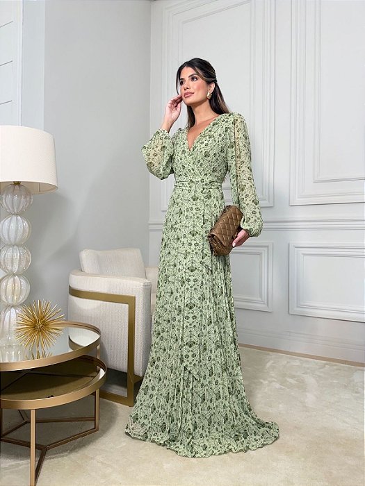 VESTIDO ESTAMPADO ARIANE MANGA LONGA - VERDE MENTA