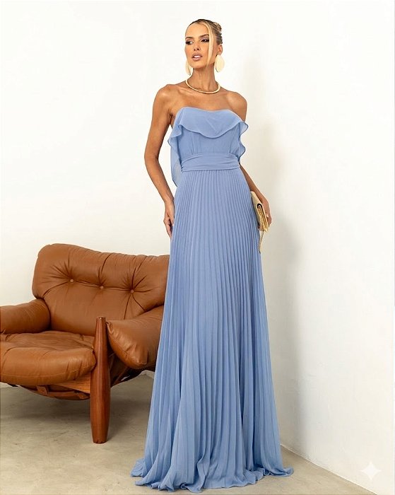 VESTIDO LONGO DE FESTA CHIFFON T.Q.C. DETALHE BABADO - AZUL SERENITY
