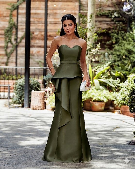 VESTIDO GLAM DECOTE CORAÇÃO ZIBELINE T.Q.C - VERDE OLIVA