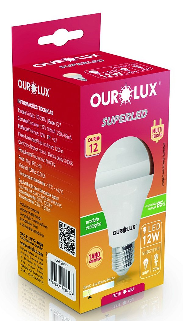 Lâmpada LED Bulbo 12w bivolt 2700k Luz Amarela - Ourolux