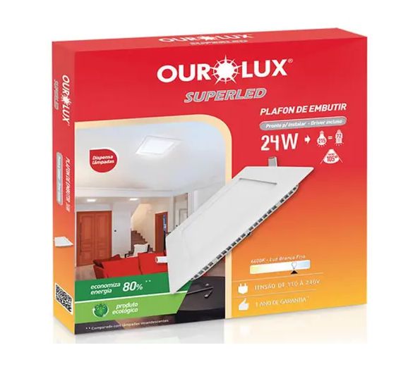 Luminária Plafon Led Embutir Quadrada Bivolt 24W Luz Branca 6400K - Ourolux