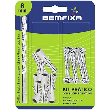 Kit pratico c/ 08 buchas 8mm, 08 parafusos 5,5 x 50 mm, 1 broca 8mm