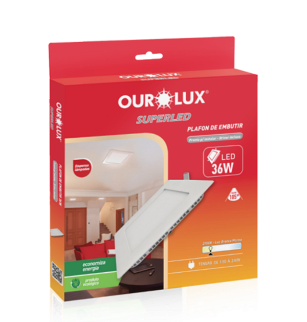 Painel Led de embutir 36w 40x40cm quadrado 2700k luz amarela bivolt - Ourolux