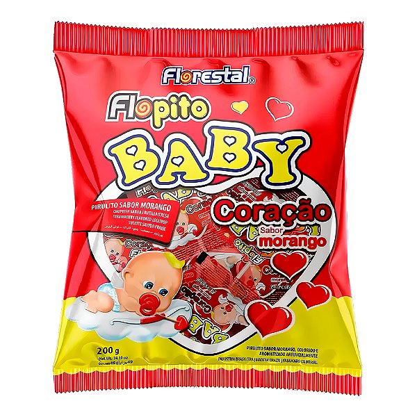 Pirulito Baby Flopito Coração Florestal Morango 200g