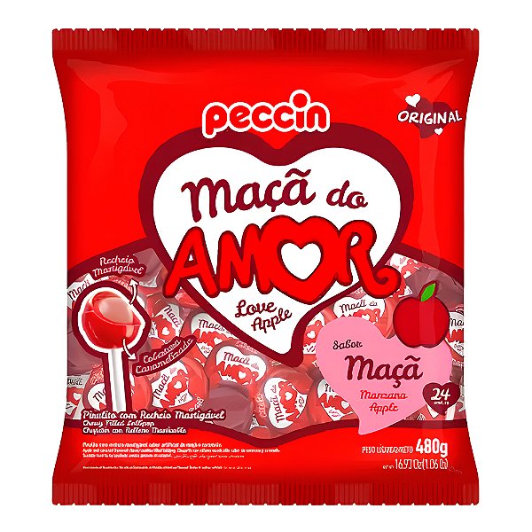 Pirulito Maçã do Amor Com Recheio Mastigável Love Apple Peccin  - 24Unid