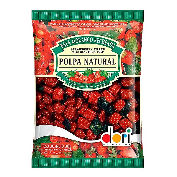 Bala Morango Recheada Polpa Natural 600g  Dori