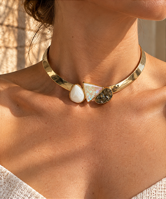 Colar Choker Labradorita, Opala do Mar e Porcelana Perolada