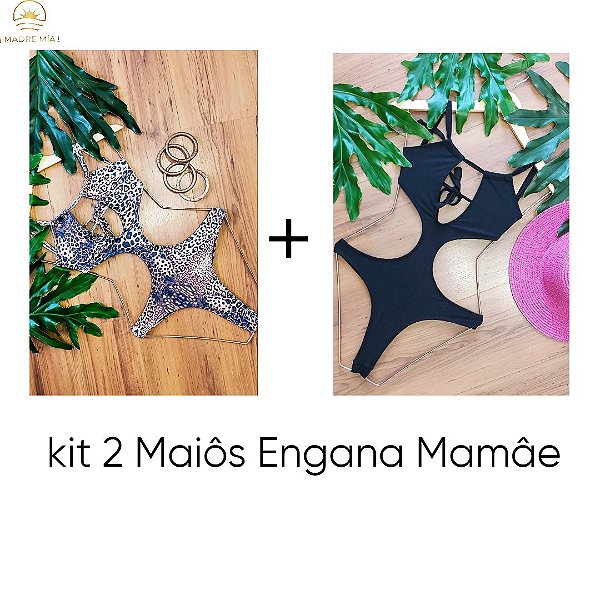 KIT 2 MAIÔS ENGANA MAMÃE ANIMAL PRINT E PRETO