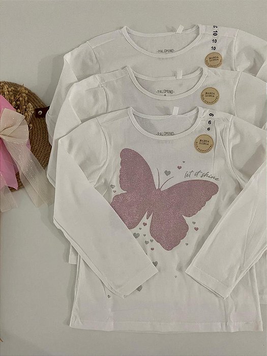 Blusa R$ 18,90 - Kit Camiseta Borboleta Brilhante (Manga Longa)