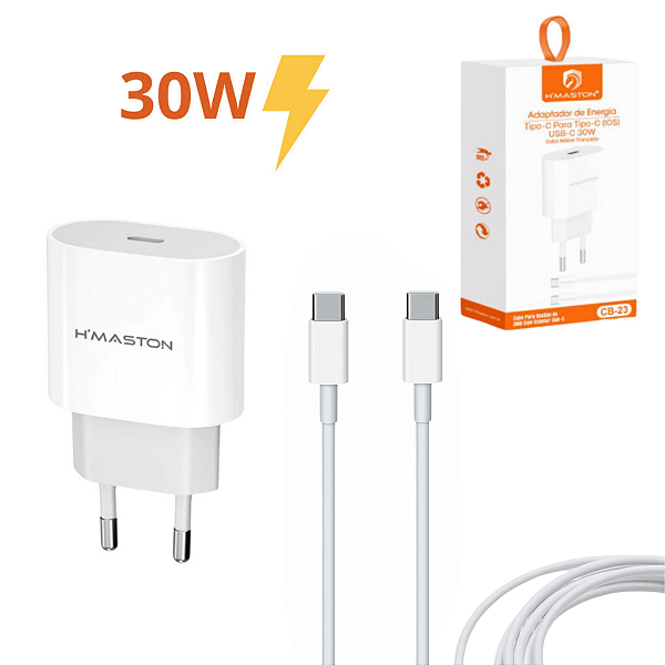Carregador Turbo 30W + Cabo Tipo-C USB-C Para Android iPhone 15 16 Pro, Pro Max e Plus