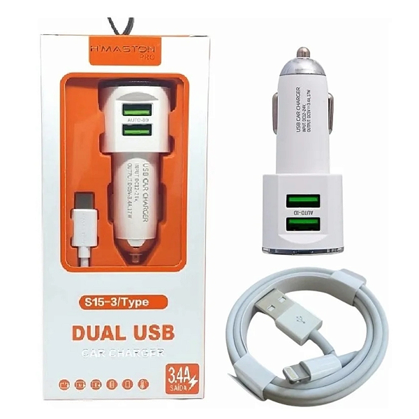 Carregador Carro Veicular 2 USB Cabo Para iPhone 11 12 13 14