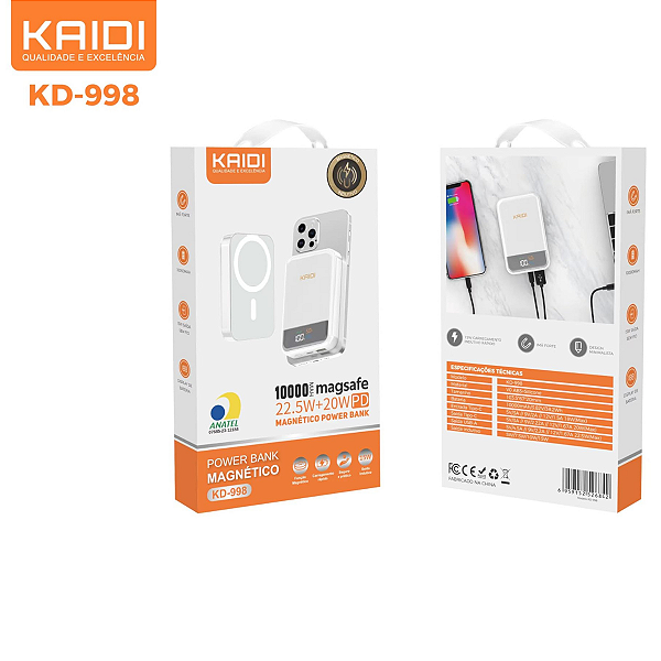 Carregador Indução 10.000mAh Original KAIDI Premium Compativel com Samsung Motorola Xiaomi LG iPhone