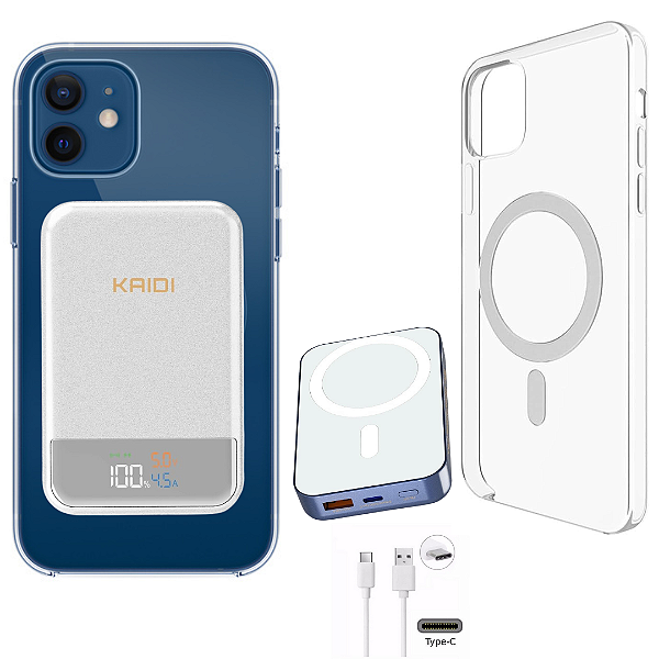 Kit Capinha + Carregador Premium 10.000 mAh Powerbank Portátil Indução Compatível com iPhone 11 12 13 14 15 16 Pro Max Plus
