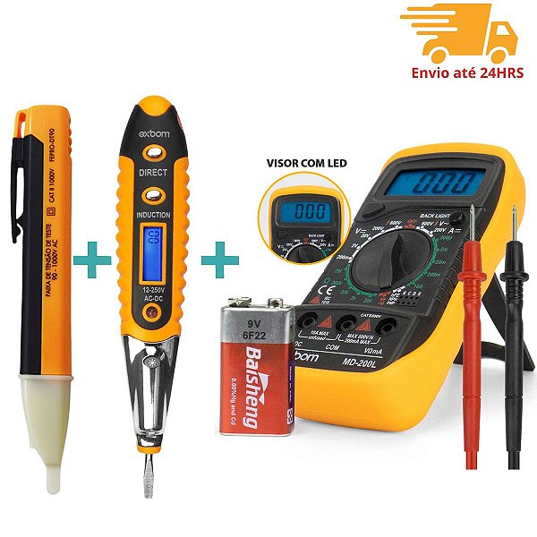 Kit 3 em 1 Multímetro Profissional + Caneta Detector tensão + Chave Teste Digital Corrente Voltagem