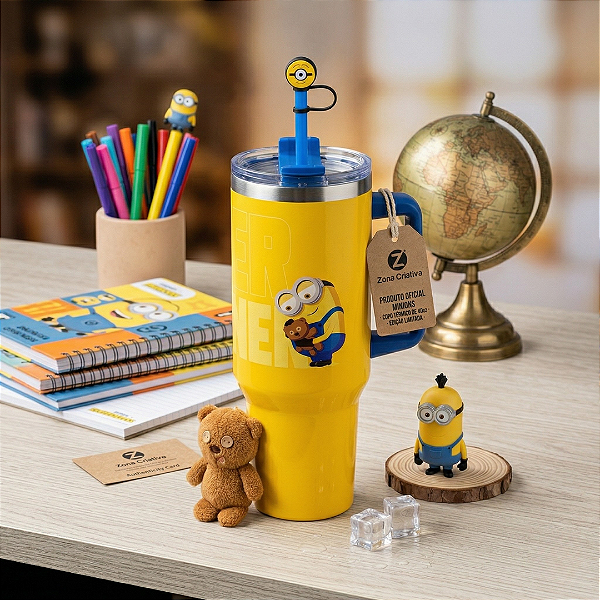 Copo Térmico Tumbler Minions Zona Criativa 1,15L Original Com Alça e Canudo - Mantém Gelado 12h