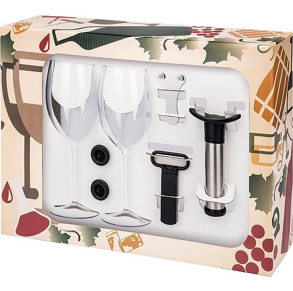 Kit Vinho com 2 Taças 560 ml Poliestireno e Acessórios Boccati