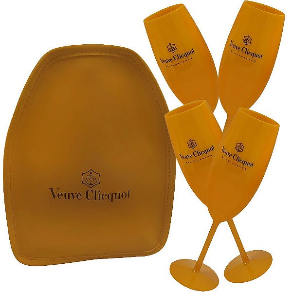 Cooler Térmico Laranja Veuve Clicquot + 4 Taças Champanhe Boccati