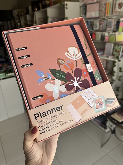 Planner A5 Argolado Coral Coleção Garden Presente 4 em 1