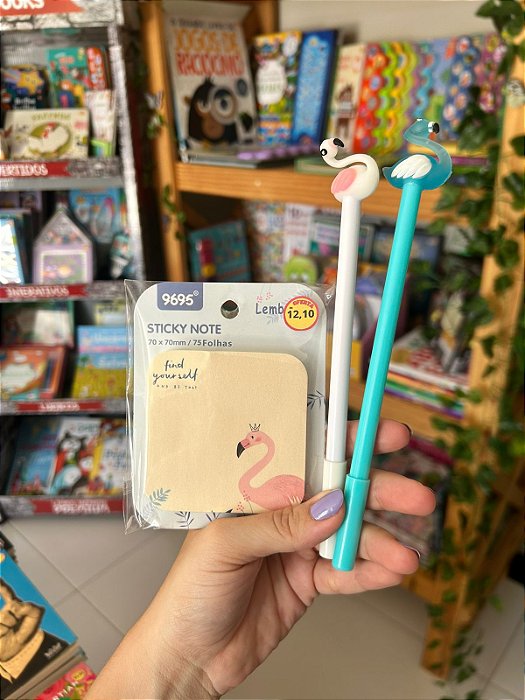 Kit Flamingo Bloco Autoadesivo + Caneta Fofa